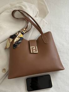 1pc PU Shoulder Bag With Scarf Decor, Large Capacity, Lightweight And Versatile, Suitable For Commuting - Brown - View 8
