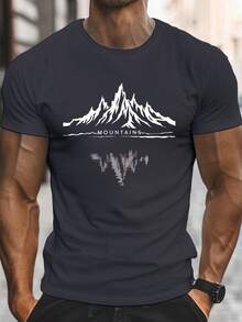 Men's Casual Stylized Mountain Print Short Sleeve T-Shirt, A Lightweight And Comfortable Top, Suitable For Summer Wear, Emo, 2000s Style - Dark Grey - View 1