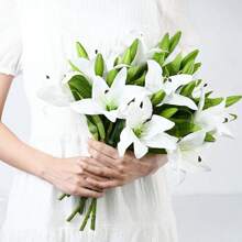 5 Stücke realistische weiße künstliche Lilien Blumen mit grünen Stielen, hohe Fidelität der Erscheinung, nicht verblassend, Frühlings- und Sommer-Blumendekoration, geeignet für Innen- und Außengarten, Hof, Party, Hochzeit, Wohnzimmer, Schlafzimmer, Festival, Geschenk, Heimdekoration, Fotografie-Requisiten