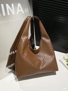 时尚女士钩编新月单肩包，PU纯色编织零钱包，腋下包，新月形包，旅行包 - 棕色 - 查看 9