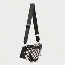 Women's Punk Style Studded Decor Bum Bag, Fashion Colorblock Checked Pattern Crossbody Bag For Daily Used, Casual Versatile High-Quality Daily Commuting Bag - 黑色 - 查看 4