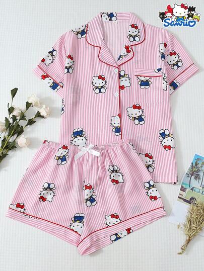 Sanrio Set de pijama para mujer de 2 piezas con blusa de manga corta con botones y bolsillo, y shorts con lazo, a rayas rosas de Sanrio Hello Kitty, adecuado para uso en casa, para primavera/verano