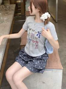 Butterfly Print Crew Neck Cinched Waist Short Cropped T-Shirt