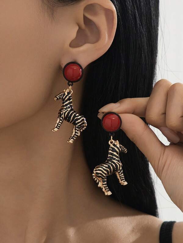 2025 New Metal Animal Shape Zebra Pendant Earrings, Red Round Stud Earrings