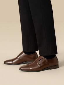 Men's Premium Monk Strap Slip-On Dress Loafers - Comfortable Leather-Like, Versatile For Business & Casual,Higher Quality! - 咖啡棕 - 查看 3