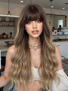 26英寸長啡色漸層金色卷曲波浪假髮，蓬鬆髮型，配有瀏海，防高溫纖維合成假髮，適用於女性日常、派對、萬聖節佩戴