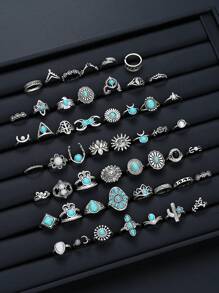 Conjunto de 44 anéis de metal com flor turquesa estilo boêmio, presentes para mulheres em datas comemorativas, acessórios para combinações diárias