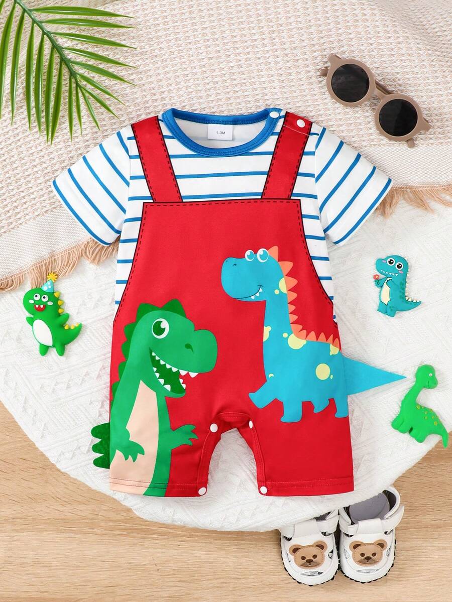 Mameluco informal para niños pequeños/bebés con pantalones tipo babero a rayas y estampado de dinosaurios - Multicolor - Ver 1
