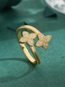 1 anel de ouro trevo de quatro folhas com zircônia cúbica incrustada, camada dupla, personalizado para mulheres, adequado para uso diário ou como presente de aniversário/dia dos namorados