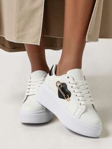 Women's Platform Sneakers With Metallic Heart Detail - White - View 4