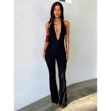 Women's Solid Backless Deep V Neck Tie Back Jumpsuit, Casual Fashion Sleeveless Plunge Neck Jumpsuit Womenswear Overalls Comfort Basic Black - 黑色 - 查看 2