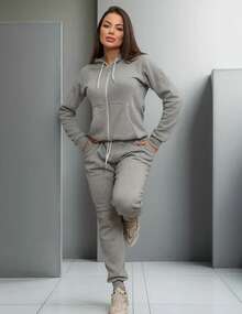 Cheap Women's Cold Weather Set Zippered Cold Weather Top And Hat Thick Sweatpants Simple Casual Pocket Drawstring Zipper - Grey - View 1