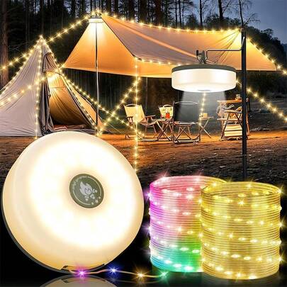 可充电帐篷灯，便携式 LED 露营灯，带暖白光和 RGB 照明模式，2000mAh 电池，多级亮度调节，磁性帐篷灯，应急手电筒，10 米范围，露营配件