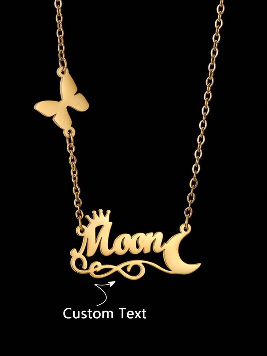 1 pieza Collar con placa con diseño de corona en forma de corazón personalizado, collar con colgante de cadena cubana gruesa personalizada con letra, joyería elegante y bonita de acero inoxidable, regalo de aniversario para él, regalo de festival de música, estilo de letra para la temporada de regreso a clases - Dorado - Ver 1