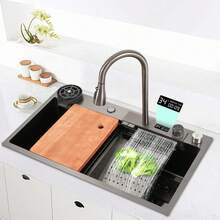 Waterfall Sink With Digital Display, Multifunctional Workstation Sink, Kitchen Sink With Pull-Out Faucet