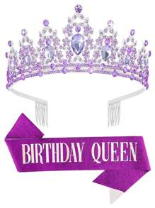 2pcs/Set Baroque Style Rhinestone Zinc Alloy Birthday Crown + Sash Suit, Suitable For Birthday Party, Birthday Queen Tiara Headpiece + Shoulder Strap Accessory