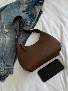 1pc Niche Design Soft PU Solid Color Fashion Minimalist Versatile Mini Shoulder Bag Underarm Bag Handbag For Women - Coffee - View 8