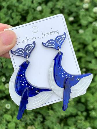 1 Pair Blue Whale Swimming Acrylic Ocean Theme Earrings, Suitable For Women's Daily Wear