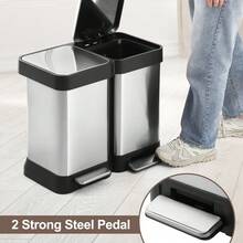 Papelera de cocina con 2 compartimentos, papelera con tapa, cubo de pedal de 20L con cierre suave de acero inoxidable, papelera ligera, reciclaje combinado con pedales, color plata [20L+20L] - Plateado - Ver 8