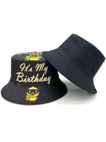 Elegante cappello secchiello con design della corona "È il mio compleanno" - leggero, nero con scritte dorate, 1 pezzo cappello secchiello in poliestere per feste di compleanno