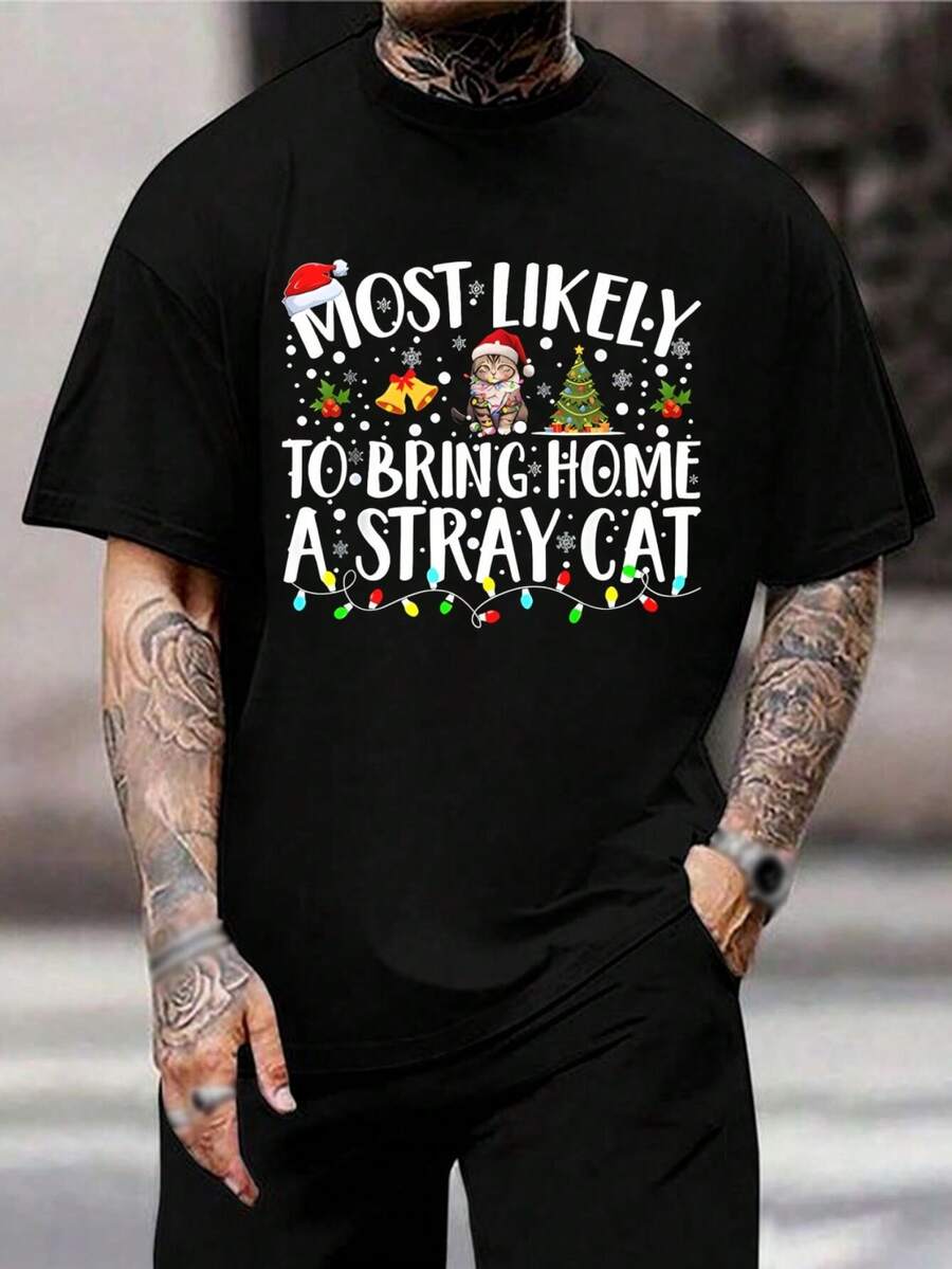 Camiseta navideña divertida para amantes de los gatos - Bonita camiseta festiva de rescate de gatos callejeros - Regalo perfecto para el marido, el novio o el papá gato - Negro - Ver 1