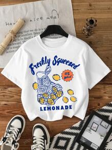 Camiseta casual holgada de manga corta con cuello redondo y estampado de frutas para mujeres en verano