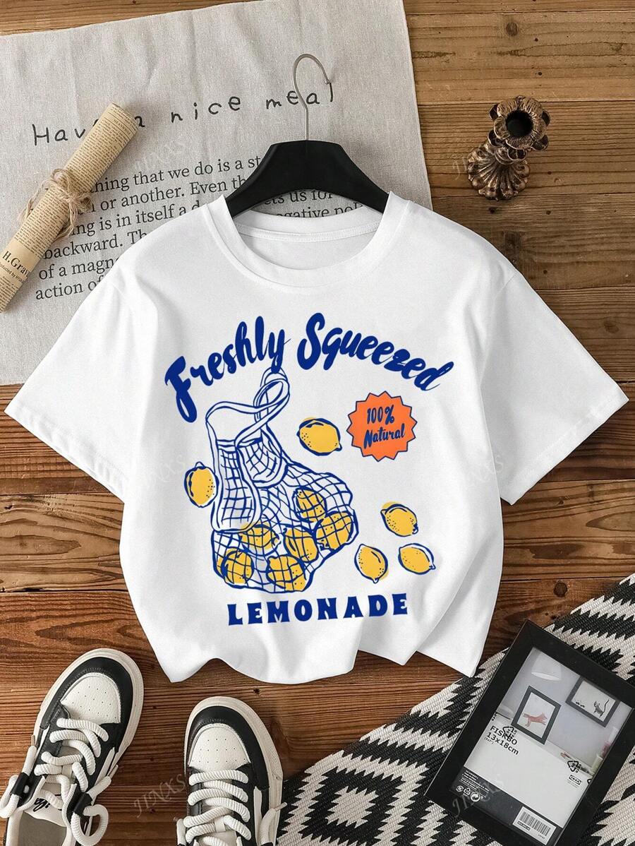 Camiseta casual holgada de manga corta con cuello redondo y estampado de frutas para mujeres en verano