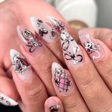 30Pcs Goth Press On Nails Medium Almond Fake Nails 3D Silver Alloy Chrome Glitter Design Y2k Glue On Nails Full Cover Glue On Nails Reusable Handmade Nails Black False Nails For Women Acrylic Nails