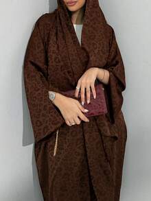 时尚简约均码哑光黑色豹纹复古图案女士纯色中东风长连衣裙，优雅开襟长袍，适合日常和节日穿着。 - 卡其色 - 查看 2