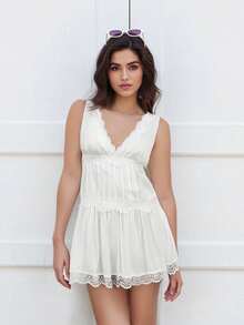 Womens Y2k Lace Patchwork Mini Dress Solid Color Lace Trim Deep V Neck A Line Short Dress Summer Backless Sleevelss Low Cut Drop Waist Short Tunic Dress Home Nightgown Sleep Dress - 白色 - 查看 6
