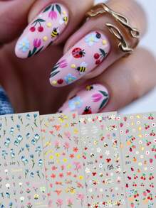 Set de 4 calcomanías de manicura con pequeñas flores, frutas y diseños en estilo de dibujos animados para el verano - incluye frutas exquisitas, pequeñas flores, flores silvestres y diseños, con acabados mate 3D, temas de verano, dibujos animados y minimalistas, fácil de aplicar para decoración de uñas, manualidades, regalos festivos, insumos de maquillaje y decoración de bodas