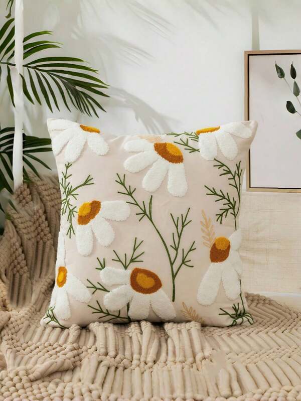 Floral Embroidered Decorative Throw Pillow Case, Fiber Cushion Cover Suitable For Living Room, Home Decor, Sofa Pillowcase, Applicable To Living Room, Bedroom, Outdoor Pillowcase