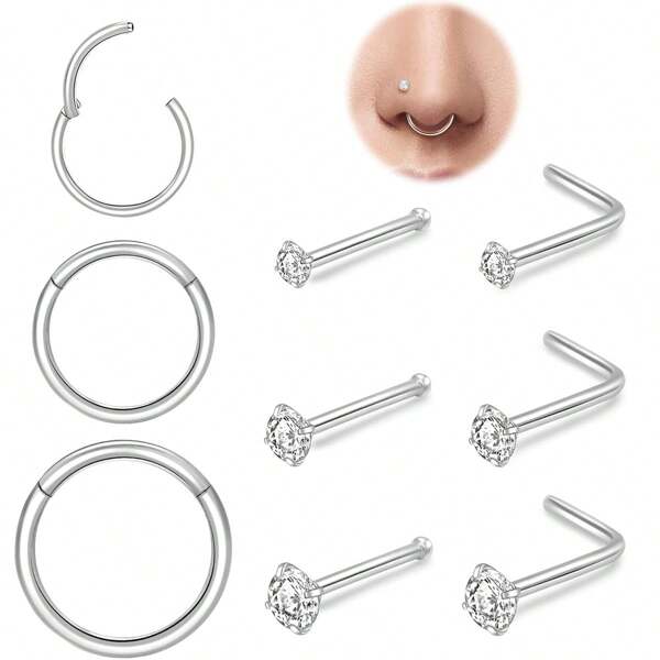 Juego de 9 piezas de anillos para la nariz de acero quirúrgico de 18G, juego de pendientes de nariz hipoalergénicos en forma de L, anillos y pendientes de perforación corporal para hombres y mujeres