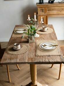 Farmhouse Style Jute Tassel Placemats, Round Bowl Pads, Rectangular Placemats / Trivets