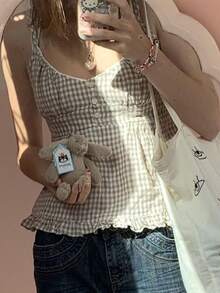 Women Fairy Grunge Y2k Shirts Square Neck Lace Patchwork Tops Vintage Goth Aesthetic Tank Tops - 綠色 - 查看 2