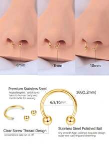 2/4/6 pièces Anneau de nez, anneau de septum, boucles d'oreilles en acier inoxydable BCR pour cartilage, faux piercing d'oreille circulaire, tragus, bijoux de corps en forme de fer à cheval