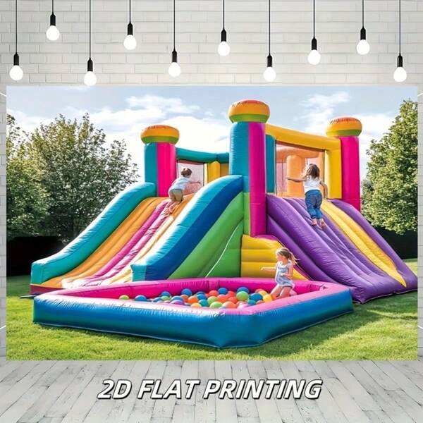 1 pieza Telón de fondo inflable vibrante en 2D - Castillo hinchable plano y colorido en 2D, apto para fiestas interiores/exteriores, photocalls y eventos, fácil de colgar, excelente para cumpleaños, aniversarios, celebraciones, decoración de fiesta de cumpleaños