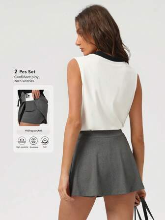 Sodalemon 2 件套女式网球服，撞色 V 领无袖上衣（带假纽扣），宽松 A 字裙（带口袋）和内置短裤