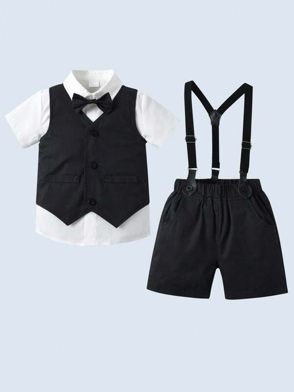 BOARNSEORL 3pcs/Set Gentleman Style Baby Boys Outfit, Including White Short Sleeve Shirt With Bowknot, Black Vest And Shorts, Fashionable & Dapper, Suitable For Performance, Party And Outdoor Activities
