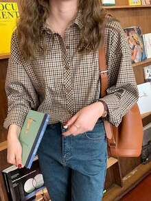 Women's Classic Plaid Shirt, With Collar, Drop Shoulder Sleeves And Button Details, Regular Fit