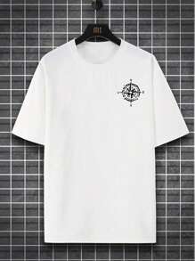 Plus Size Men's Casual Compass & Eagle Graphic Print Round Neck Short Sleeve T-Shirt, Summer