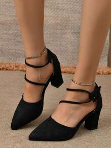 Women's Black Thick Heel Sandals With Strap Design, Summer New Pointed Toe Criss-Cross Medium Heel Pumps