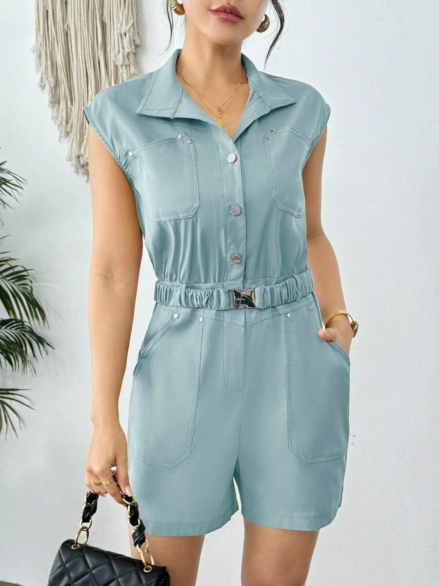 Mono casual corto liso de moda para mujer estilo juvenil cómodo para la temporada de verano - Azul - Ver 1