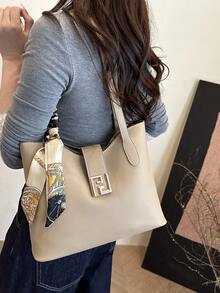 1pc PU Shoulder Bag With Scarf Decor, Large Capacity, Lightweight And Versatile, Suitable For Commuting - Khaki - View 5