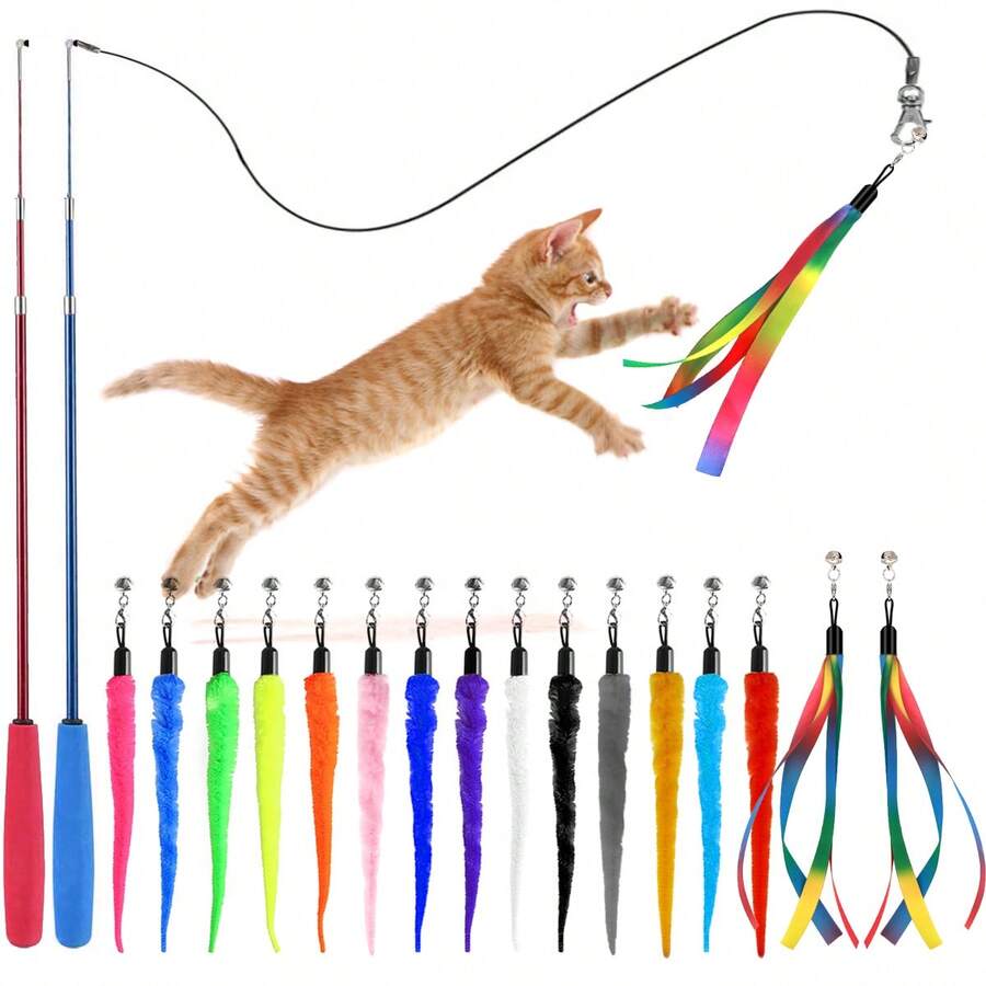 8pcs/Set Interactive Cat Toy Set, Cat Teaser Wand With 1 Retractable Wand, 5 Fuzzy Worm Refills, 2 Ribbon Refills, Random Color, Detachable Bell Attached, Suitable For All Cats - Multicolor - View 1