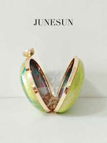 New Arrival Yellow-Green Painted Acrylic Evening Bag, Elegant Vintage Metal & Pearl Decorated Clutch Handbag, Fashion Party Wedding Formal Event Asymmetric Chain Shoulder Bag, Bridal Makeup Cosmetic Hard Box Purse - Multicolor - View 6