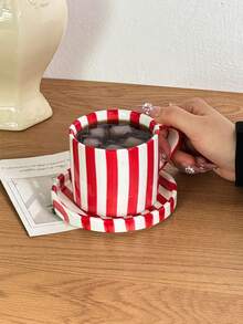 1pc Ceramic Mug & Saucer Set, Minimalist Vertical Stripe Pattern Coffee Cup, Design High Aesthetic Value Mug, Medium Size Coffee/Tea Cup, Suitable For Photography, Gift, Birthday - 彩色 - 查看 4