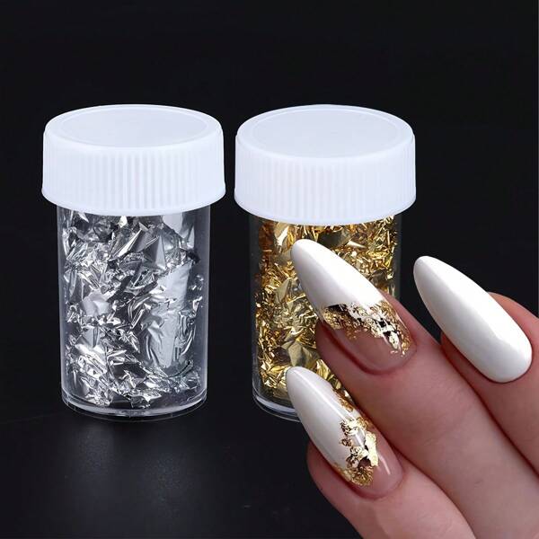 Gold- und Silberfolien Nail Art, Holographische Nagel-Folienaufkleber, 3D-Glitzer-Pailletten Nageldekor, Metallic Spiegel-Fragmente Glitzer Nagelkunstbedarf, DIY Nageldekoration für Feiertagsmanicüre, Holographischer Effekt & glänzende Oberfläche, Nagel-Aufkleber für DIY Nail Art, künstlerisches Nagel-Zubehör