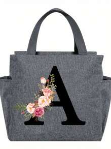 1pc Elegant Floral & Letter Tote Bag - Insulated Lunch Bag, Made Of Durable Polyester, Grey With Pink Flowers & Green Leaves, Suitable For Office, School And Outdoor Picnic