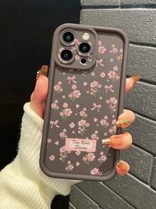 1pc Luxury Minimalist Ditsy Floral Pattern Brown Anti-Scratch Coated Lens Protection Phone Case Compatible With Apple///Redmi/Infinix/Vivo - Brown - View 6